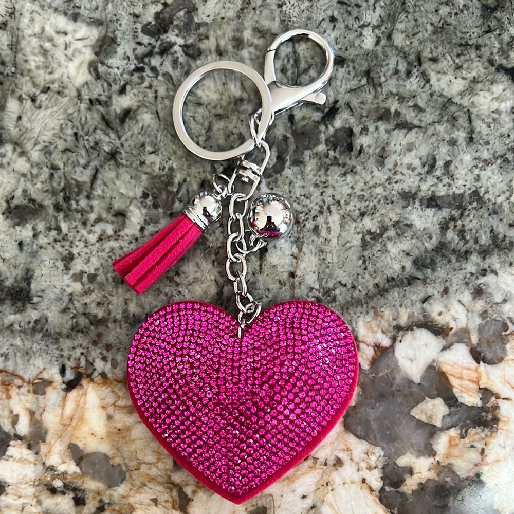 Bag Charm Key Chain Vibrant Pink Heart with Sparkly Texture